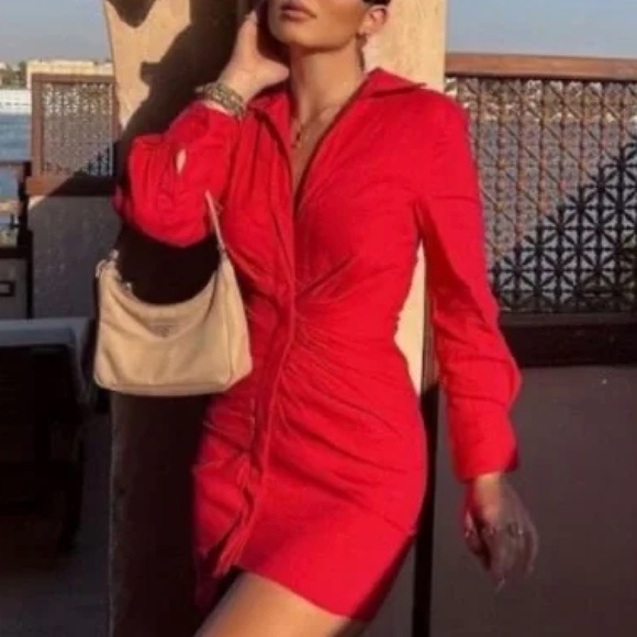 Asymmetric Linen Zara Red Dress Long Sleeve - Picture 3 of 5